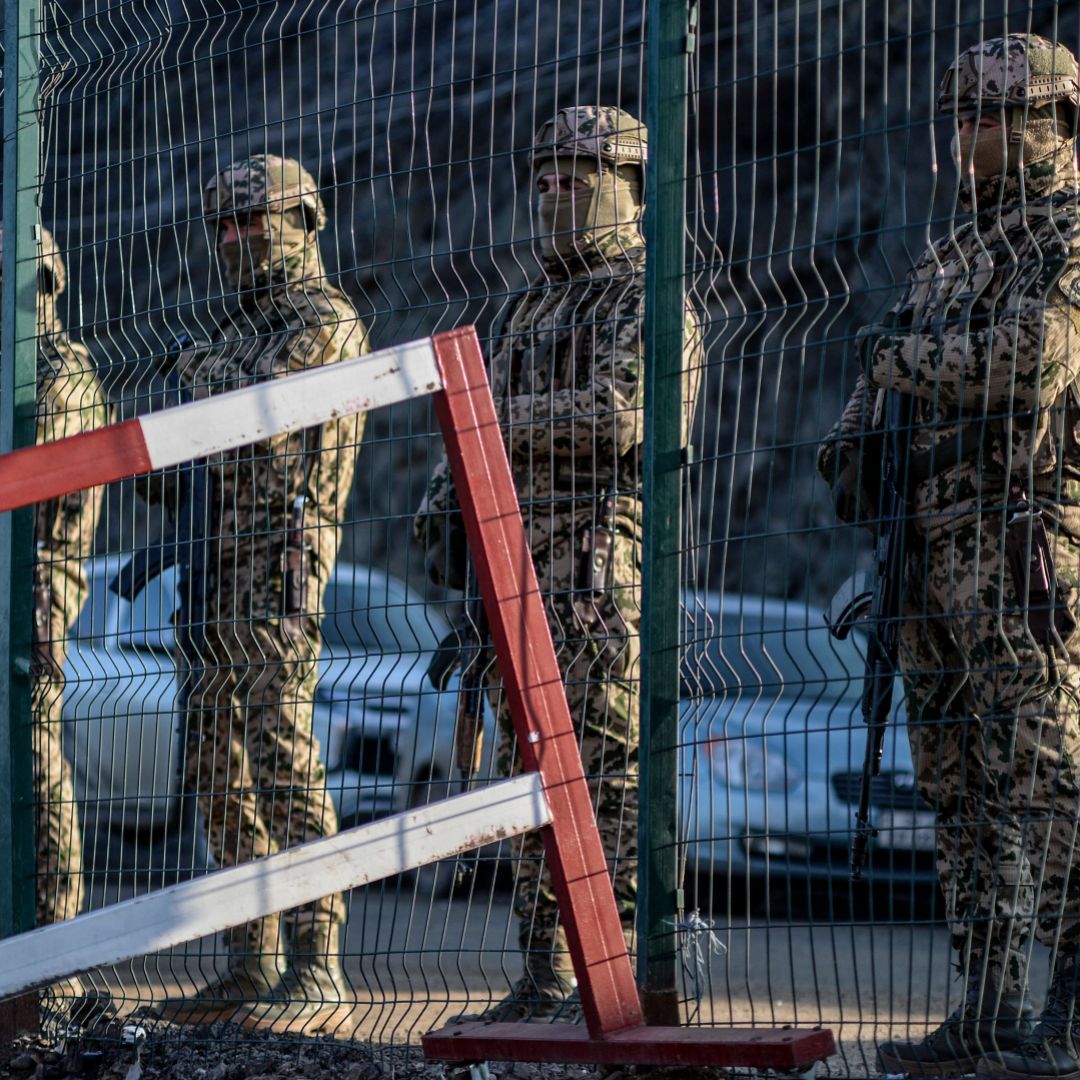 Azeri soldiers stand guard at a checkpoint at the Lachin corridor, the disputed Nagorno-Karabakh region's only land link with Armenia, on Dec. 27, 2022. Azeri soldiers stand guard at a checkpoint at the Lachin corridor, the disputed Nagorno-Karabakh region's only land link with Armenia, on Dec. 27, 2022.