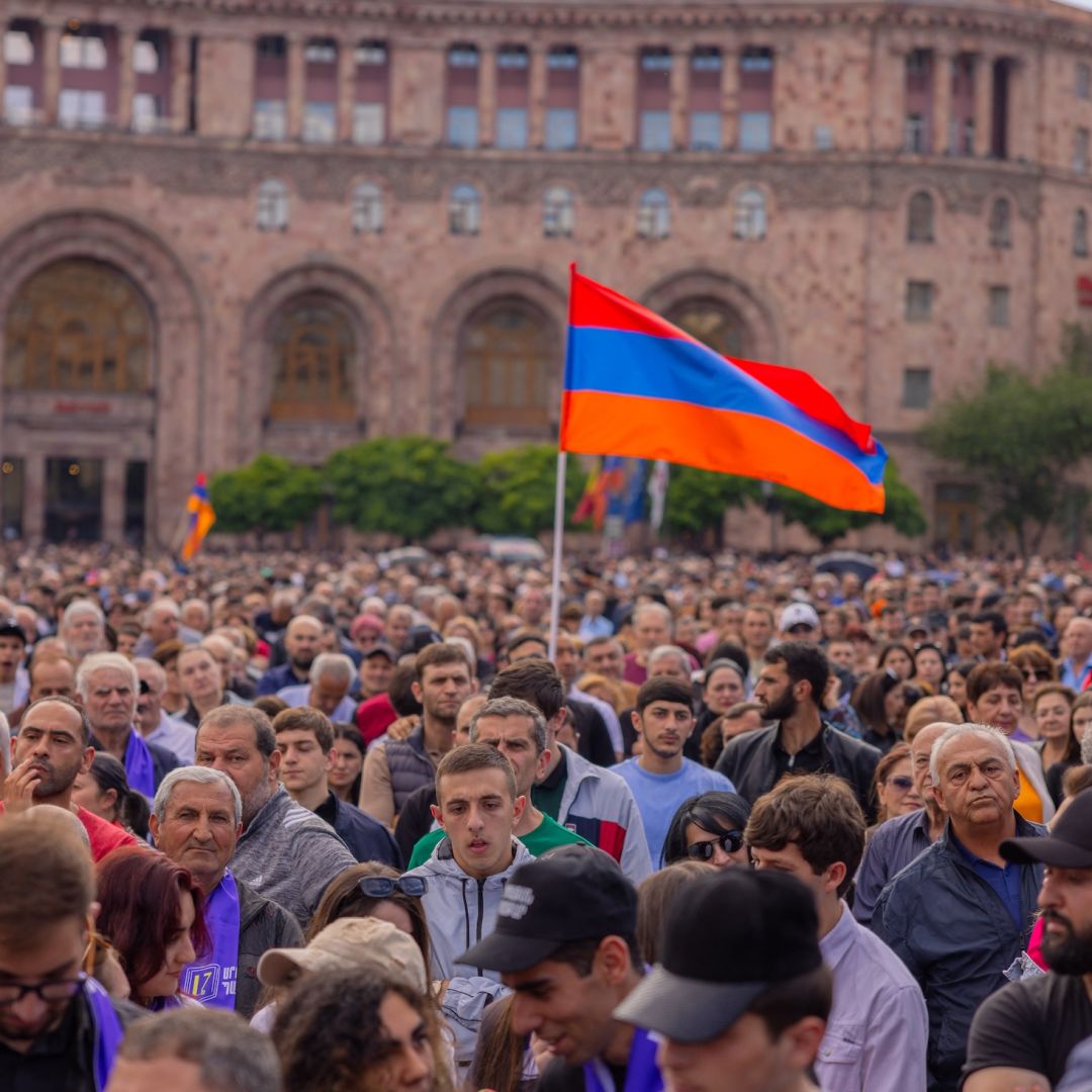 Thousands of Armenians participate in a rally in Yerevan's Republic Square on May 26, 2024. 