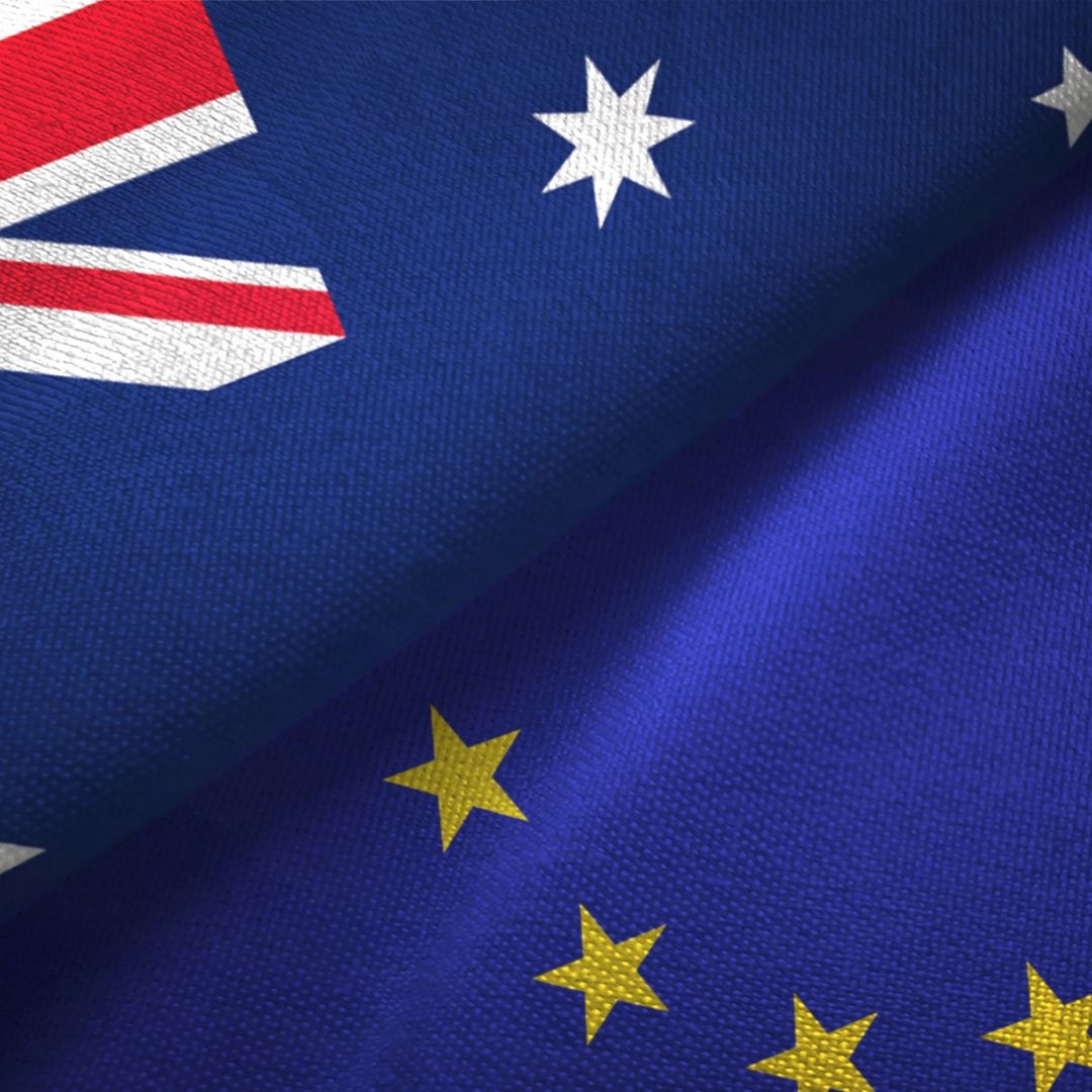European Union and Australian flags together. European Union and Australian flags together.