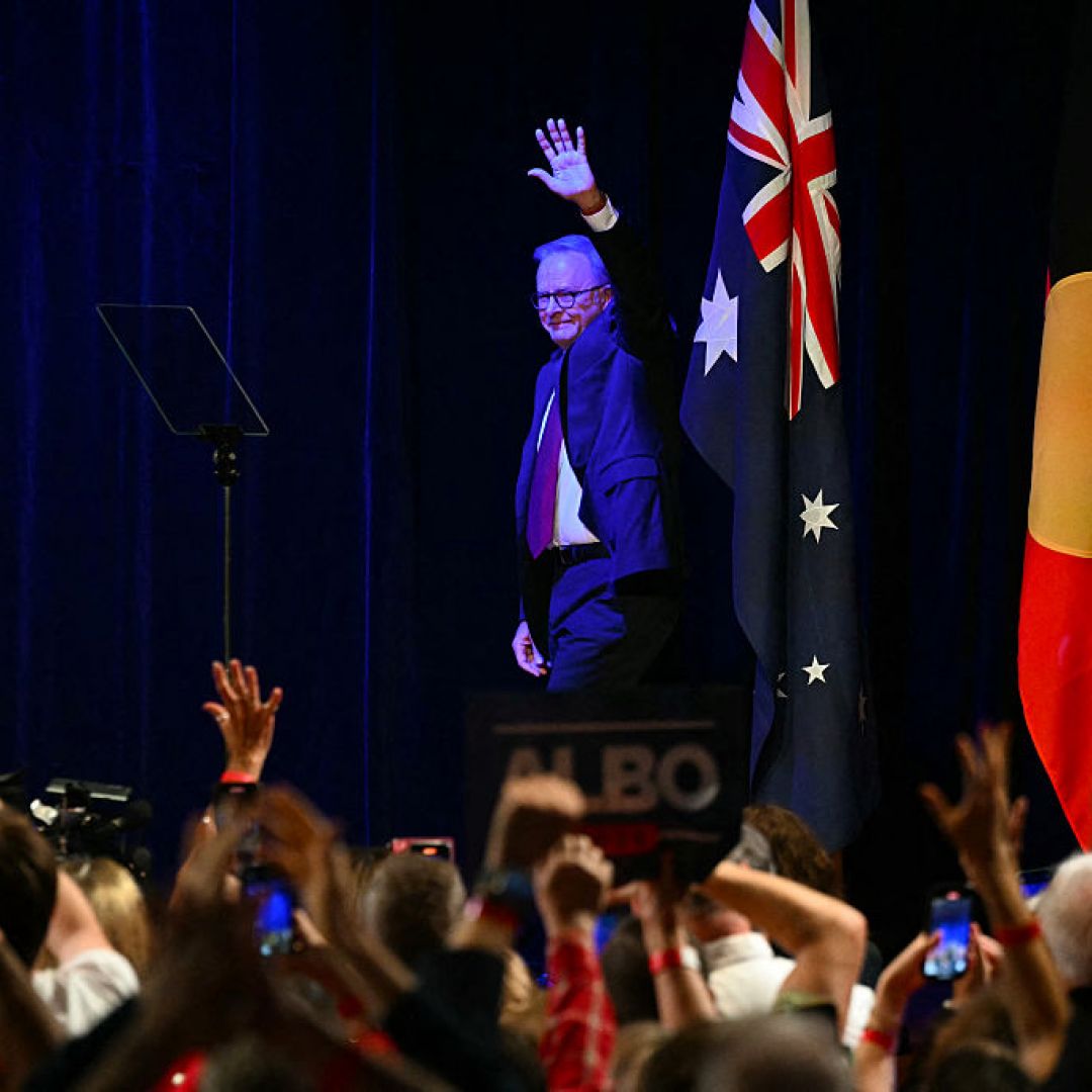After winning the general election, Australia's Prime Minister Anthony Albanese waves as he arrives onstage at the Labor Party election night event in Sydney on May 3, 2025. After winning the general election, Australia's Prime Minister Anthony Albanese waves as he arrives onstage at the Labor Party election night event in Sydney on May 3, 2025.