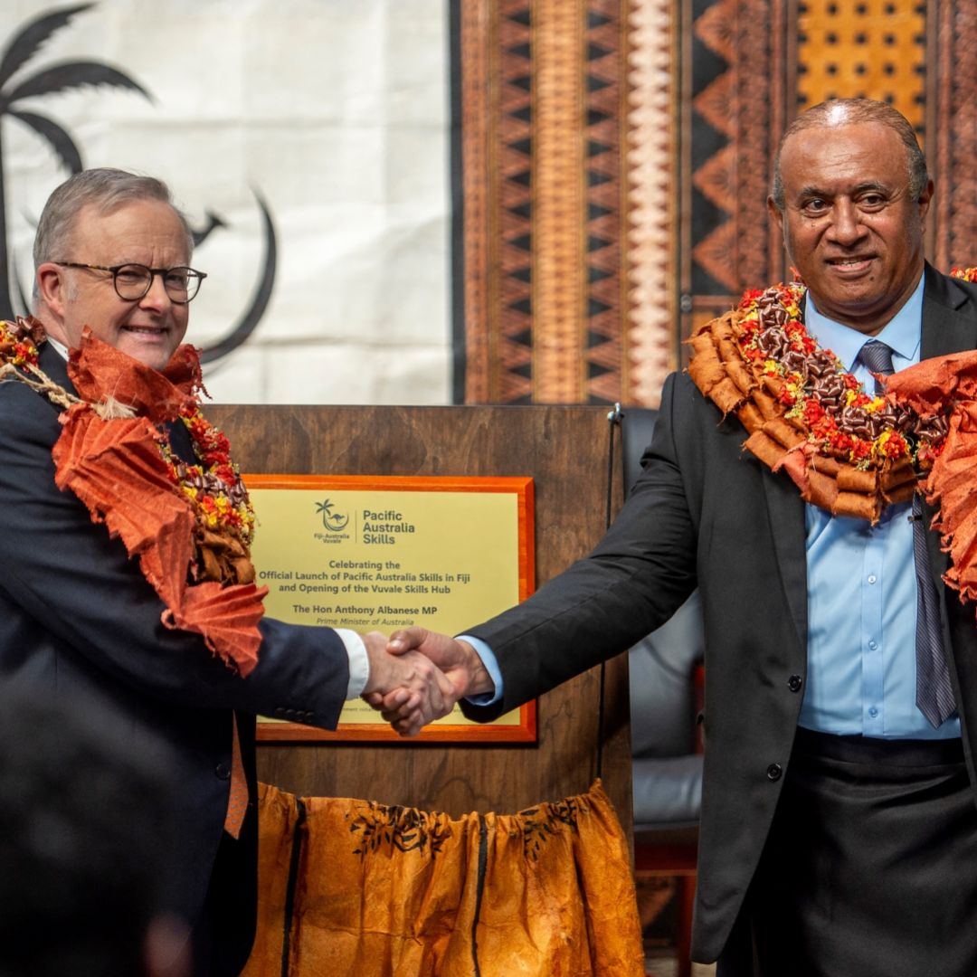 Australian Prime Minister Anthony Albanese (left) and Fiji Minister for Public Works, Transport and Meteorological Services, Ro Filipe Tuisawau (right) shake hands during the opening of the Vuvale Skills hub in Suva on July 6, 2026.