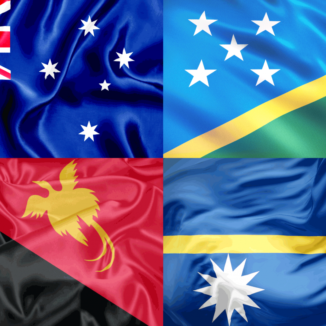 The flags of Australia, the Solomon Islands, Nauru and Papua New Guinea clockwise starting from the upper left.