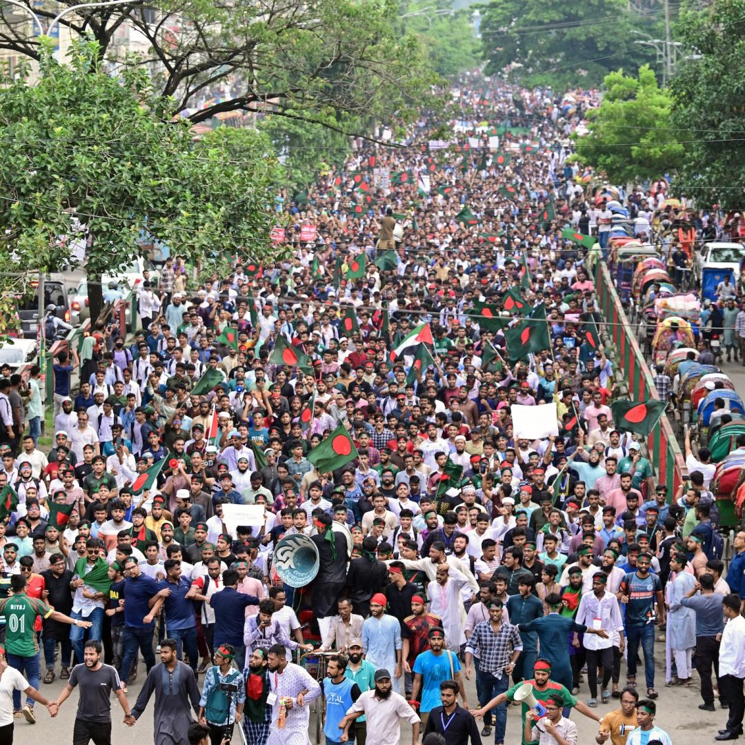 Demonstrators on Sept. 5 mark a month since the ouster of Prime Minister Sheikh Hasina in the Bangladeshi capital of Dhaka.