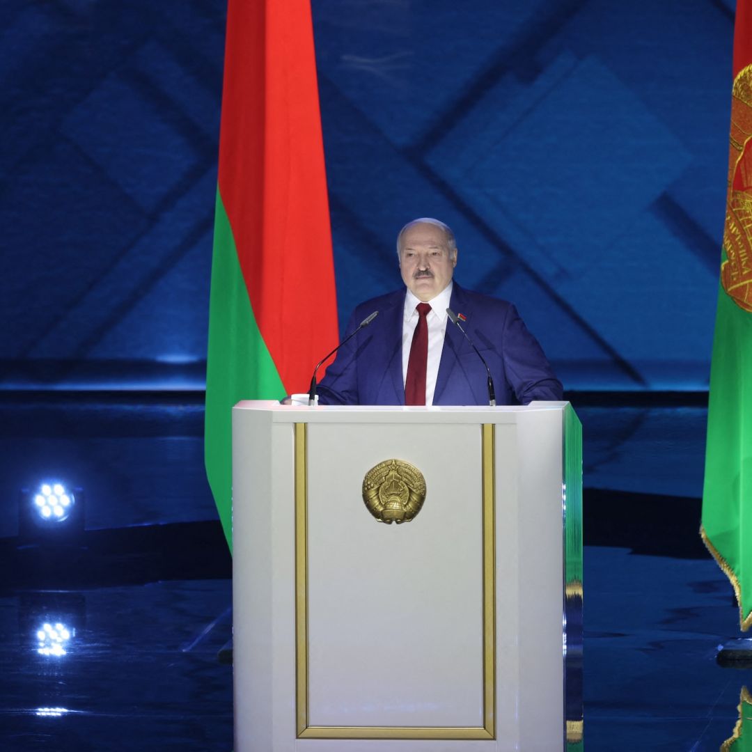 Belarus President Alexander Lukashenko gives a speech during his annual address to the Belarusian People and the National Assembly in Minsk on Jan. 28, 2022.