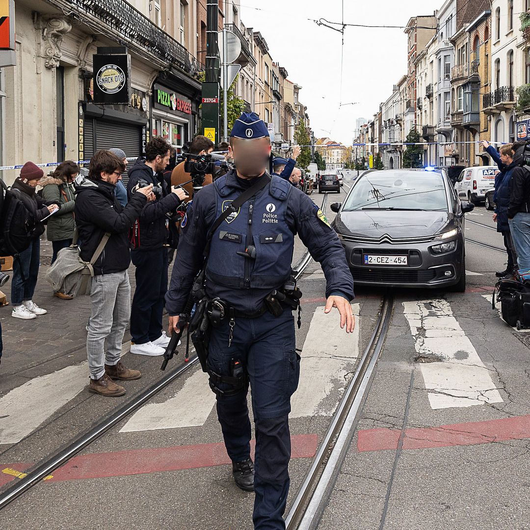 The street in the Schaerbeek area of Brussels on Oc. 17, 2023, after the suspected perpetrator of a fatal terrorist attack in the Belgian capital was shot dead.