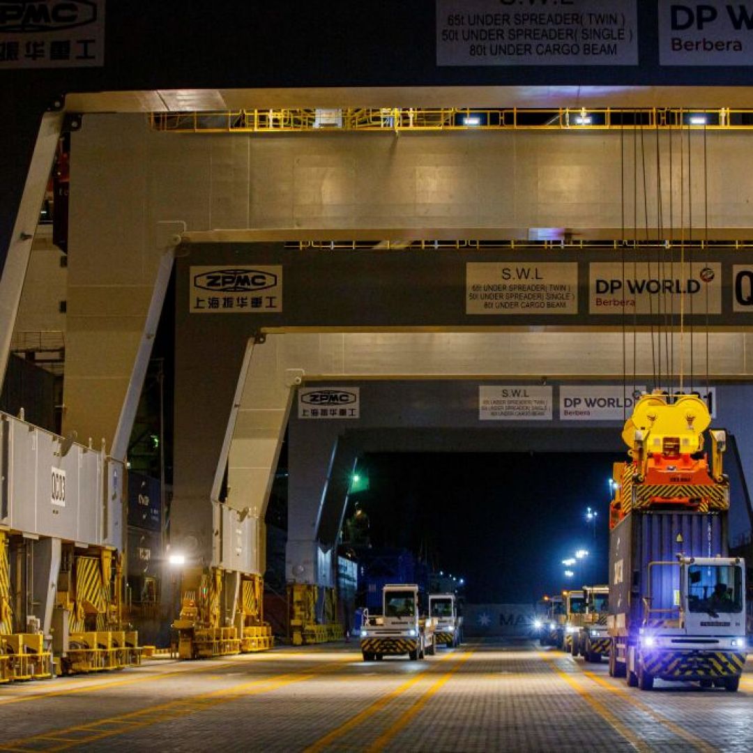Shipping containers are offloaded from a vessel at Berbera Port in Somaliland on Aug. 31, 2021. (ED RAM/AFP via Getty Images) Shipping containers are offloaded from a vessel at Berbera Port in Somaliland on Aug. 31, 2021.