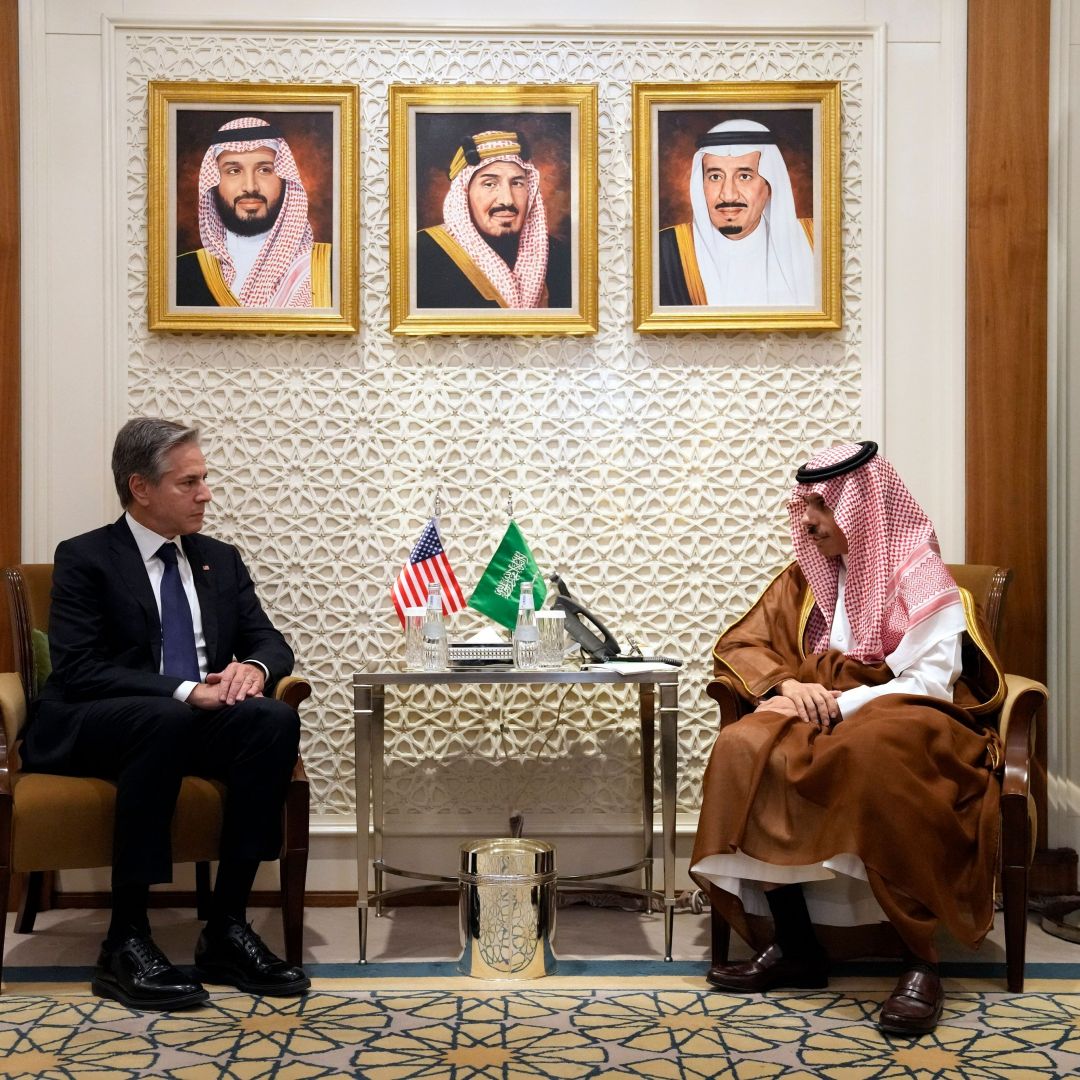 U..S Secretary of State Antony Blinken (L) meets with Saudi Foreign Minister Prince Faisal bin Farhan on Oct. 14, 2023, in Riyadh, Saudi Arabia.