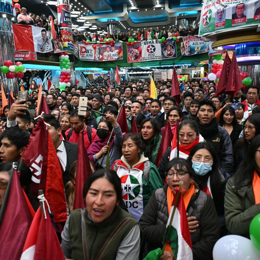 Supporters of Bolivia's presidential candidate for the Christian Democratic Party (PDC), Rodrigo Paz, listen to him speak during a campaign rally in El Alto, Bolivia, on Sept. 30, 2025. Supporters of Bolivia's presidential candidate for the Christian Democratic Party (PDC), Rodrigo Paz, listen to him speak during a campaign rally in El Alto, Bolivia, on Sept. 30, 2025.