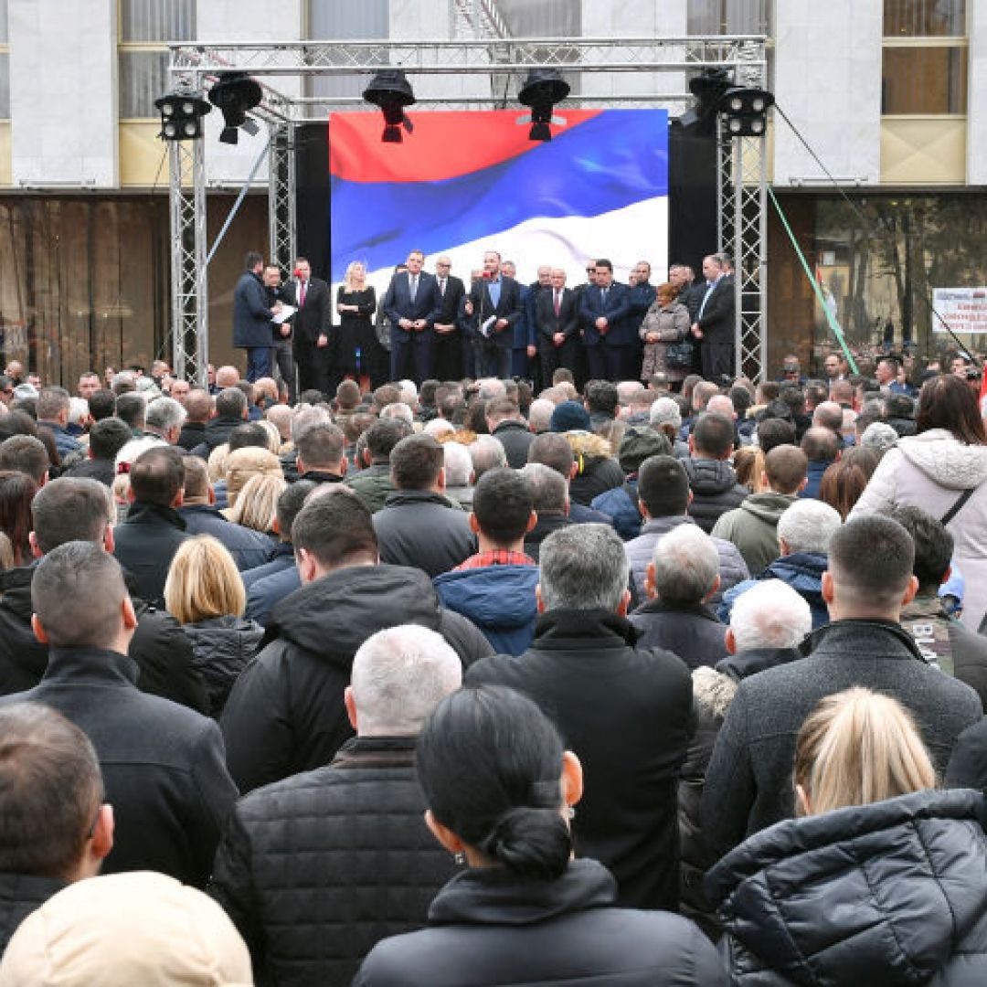 Supporters of Bosnian Serb separatist leader Milorad Dodik watch him speak in Banja Luka, Republika Srpska, on Feb. 26, 2025. Supporters of Bosnian Serb separatist leader Milorad Dodik watch him speak in Banja Luka, Republika Srpska, on Feb. 26, 2025.