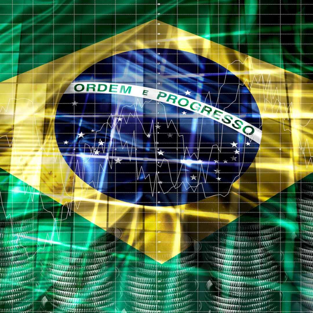 A digital illustration of the Brazilian flag with economic and financial indicators. 