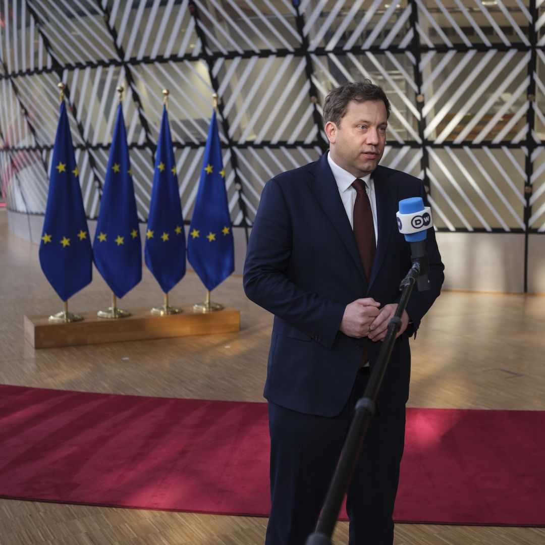 German Finance Minister Lars Klingbeil talks to the media before the start of an Eurogroup ministers meeting at the EU headquarters in Brussels, Belgium, on March 9, 2026. 