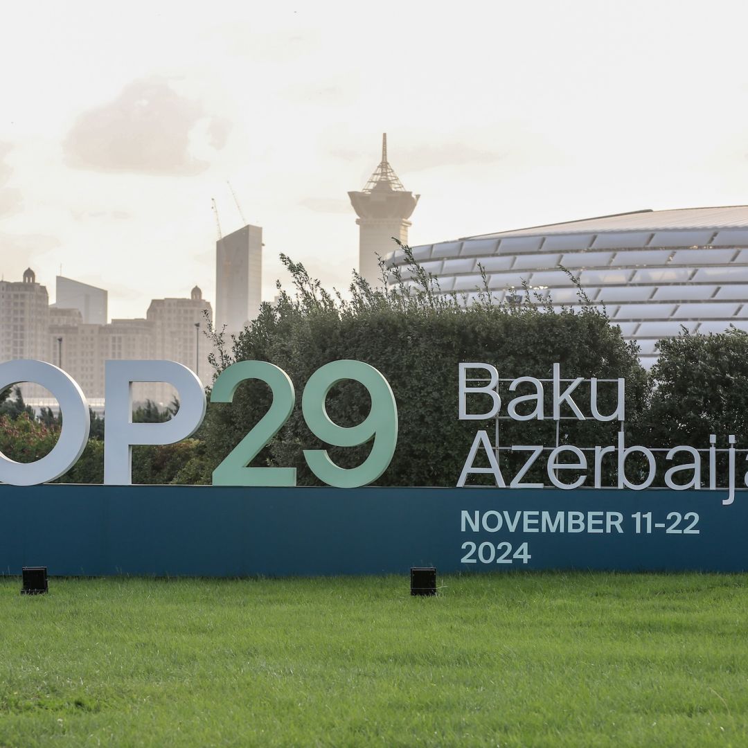 A sign for COP29 on Nov. 3, 2024, in Baku, Azerbaijan.