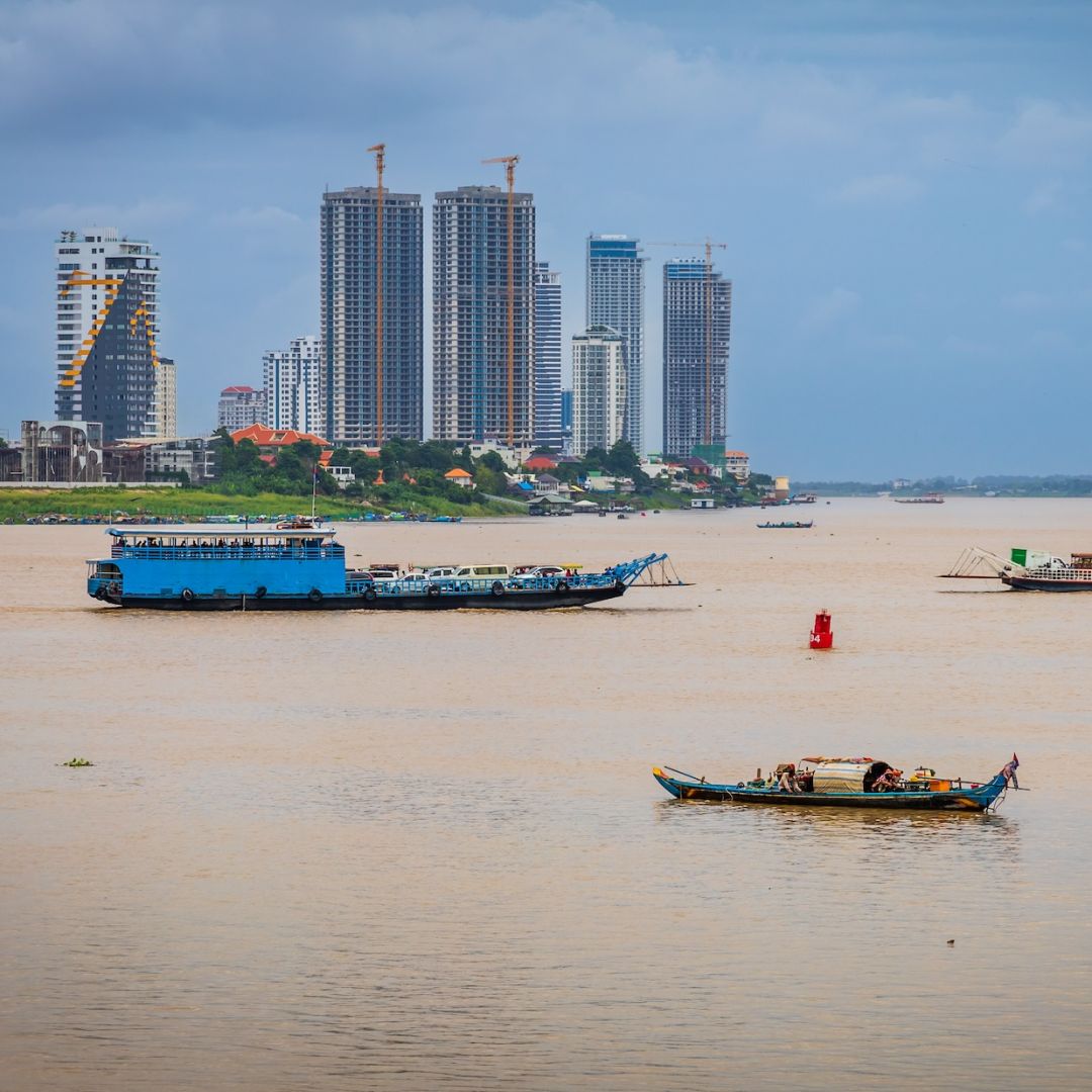 The Mekong River and Tonle Sap River meet at Phnom Penh, Cambodia.