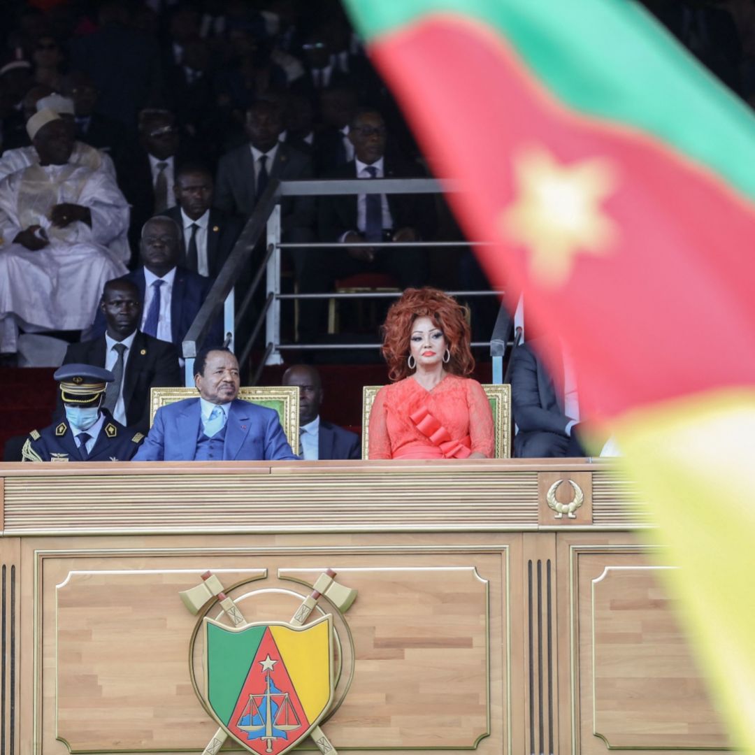 Cameroon President Paul Biya (L) and his wife Chantal Biya react during a parade marking the 51st celebration of Unity Day in Yaounde on May 20, 2023. Cameroon President Paul Biya (L) and his wife Chantal Biya react during a parade marking the 51st celebration of Unity Day in Yaounde on May 20, 2023.