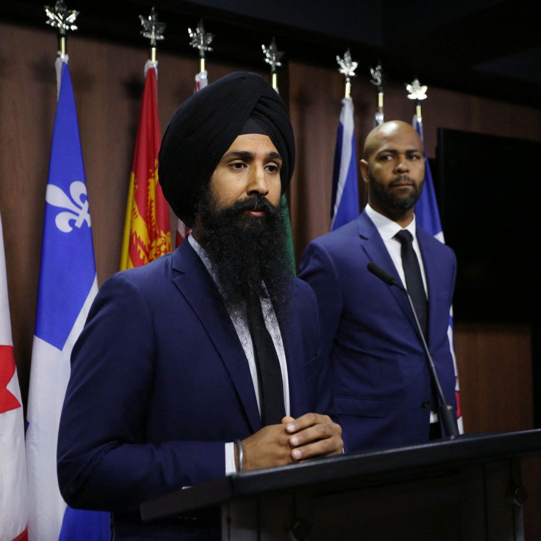 World Sikh Organization of Canada President Mukhbir Singh and National Council of Canadian Muslims CEO Stephen Brown speak during a press conference at the Canadian House of Commons in Ottawa on Sept. 19, 2023.