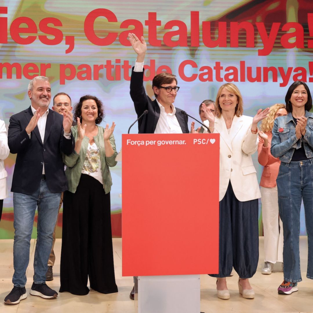 PSC candidate Salvador Illa waves following Catalonia's regional elections May 12 in the Spanish city of Barcelona.