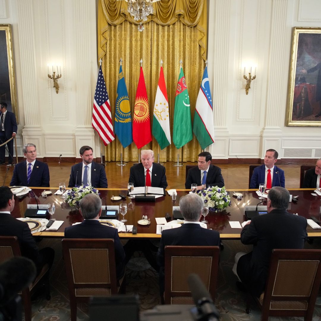 U.S. President Donald Trump (C), joined by lawmakers and members of his administration, delivers remarks during a dinner with leaders of Central Asian countries in the East Room of the White House on Nov. 6, 2025.
