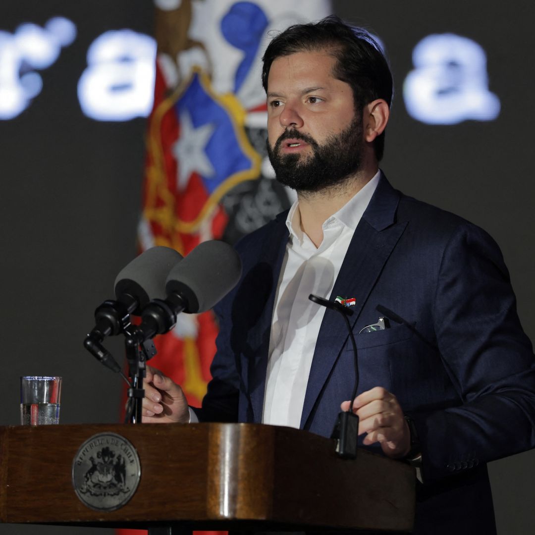 Chile's President Gabriel Boric speaks during the "Palestinian Christmas: From Bethlehem to Chile, a light of hope" ceremony in Santiago on Dec. 17, 2024.