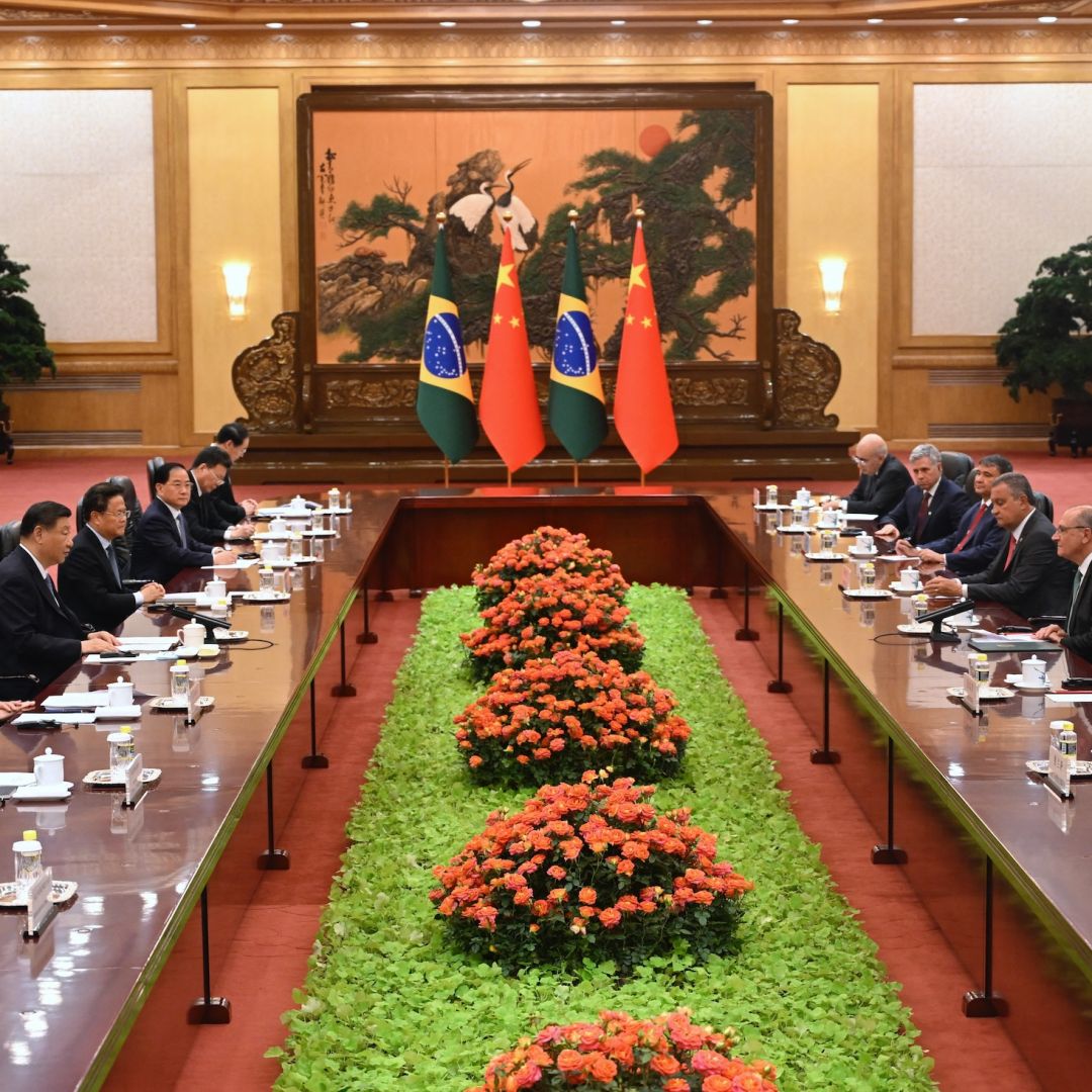 Chinese President Xi Jinping (third from left) and Brazilian Vice President Geraldo Alckmin (third from right) hold a meeting at the Great Hall of the People in Beijing on June 7, 2024. 