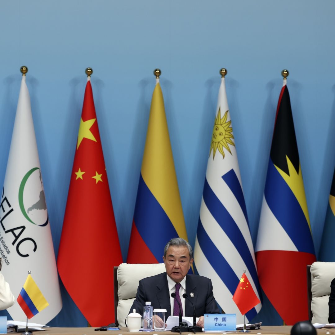 (L-R) Colombian Foreign Minister Laura Sarabia, Chinese Foreign Minister Wang Yi and Honduran Foreign Minister Eduardo Enrique Reina attend a plenary session of the China-CELAC ministerial meeting at the Great Hall of the People on May 13, 2025, in Beijing, China. (L-R) Colombian Foreign Minister Laura Sarabia, Chinese Foreign Minister Wang Yi and Honduran Foreign Minister Eduardo Enrique Reina attend a plenary session of the China-CELAC ministerial meeting at the Great Hall of the People on May 13, 2025, in Beijing, China.