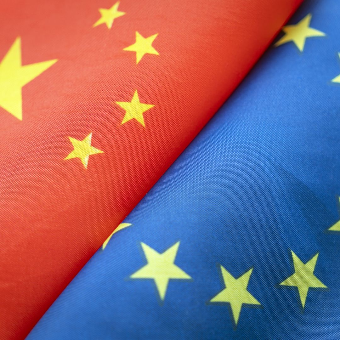 The European Union and China will hold a high-level leaders' summit July 24 in Beijing, marking the 50th anniversary of Chinese-EU diplomatic relations. A picture of the Chinese and EU flags