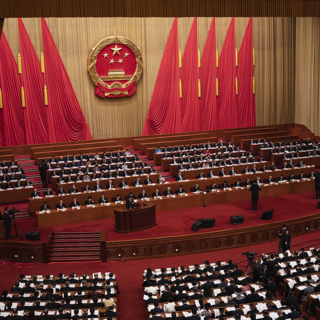 Chinese President Xi Jinping, center, and other senior government members and deputies attend the second plenary session of the National People's Congress at the Great Hall of the People on March 8, 2025, in Beijing, China. Chinese President Xi Jinping, center, and other senior government members and deputies attend the second plenary session of the National People's Congress at the Great Hall of the People on March 8, 2025, in Beijing, China.