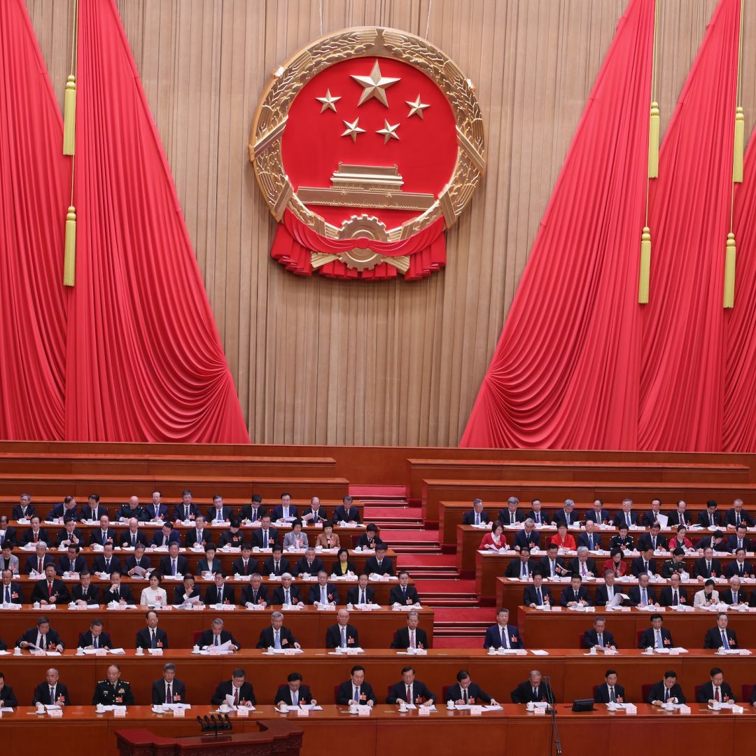 Chinese President Xi Jinping (center) and Premier Li Qiang attend a plenary session of China's National People's Congress (NPC) at the Great Hall of the People on March 9, 2026, in Beijing, China. Chinese President Xi Jinping (center) and Premier Li Qiang attend a plenary session of China's National People's Congress (NPC) at the Great Hall of the People on March 9, 2026, in Beijing, China.