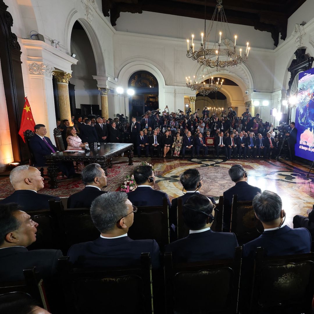 This photo, taken in Lima in November 2024, shows Chinese President Xi Jinping (left) and Peruvian President Dina Boluarte attending the inauguration ceremony for the Chinese-built and operated "megaport" in the small Peruvian town of Chancay. This photo, taken in Lima in November 2024, shows Chinese President Xi Jinping (left) and Peruvian President Dina Boluarte attending the inauguration ceremony for the Chinese-built and operated "megaport" in the small Peruvian town of Chancay.