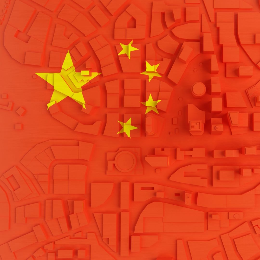A 3D modeled town in the shape of the Chinese flag.