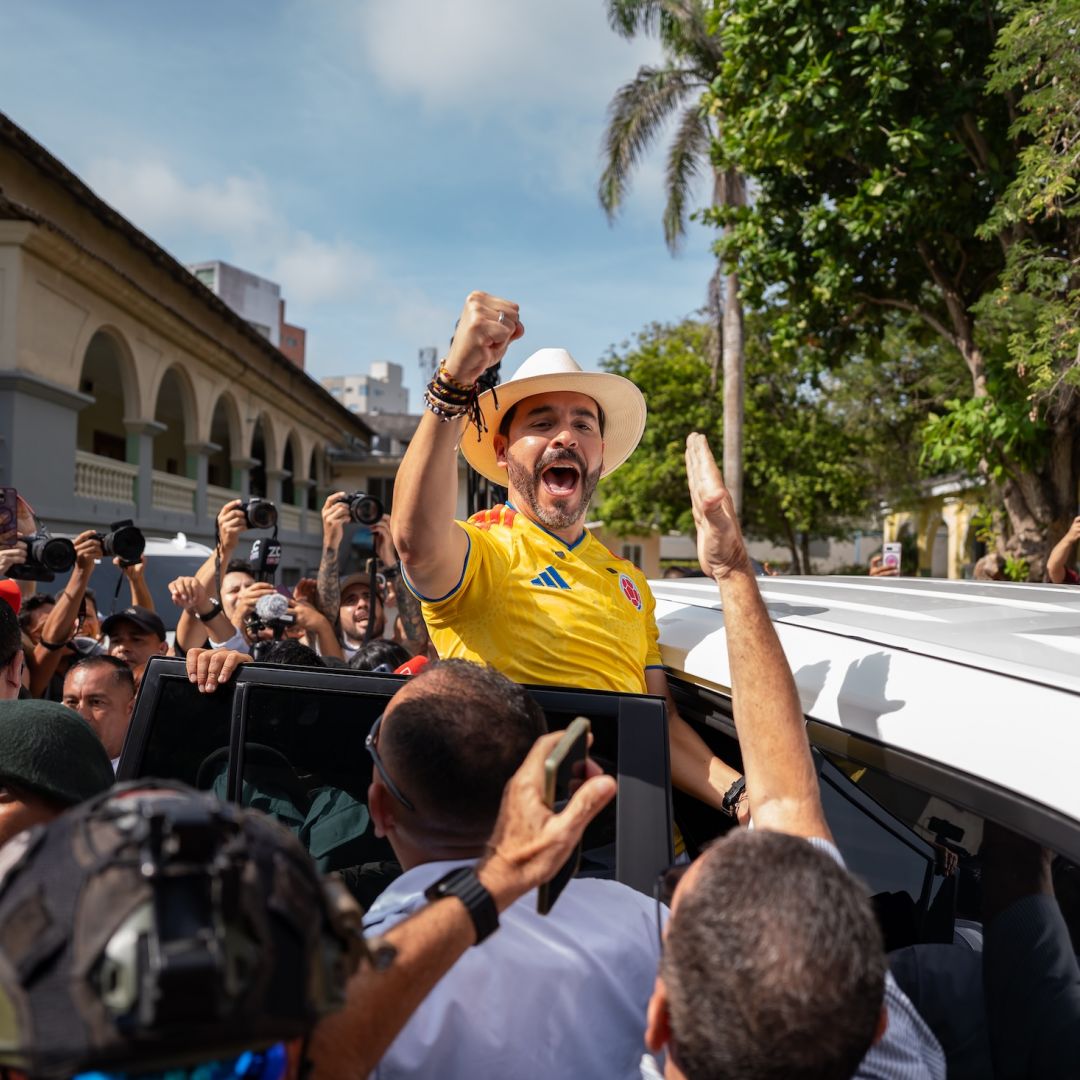 Abelardo de la Espriella, who has since been declared president-elect, waves to supporters after casting his vote during the runoff election on June 21, 2026, in Barranquilla, Colombia. Abelardo de la Espriella, who has since been declared president-elect, waves to supporters after casting his vote during the runoff election on June 21, 2026, in Barranquilla, Colombia.