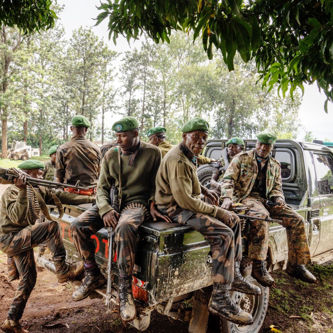 Congolese soldiers sit in a military vehicle in Kamanyola, a village in eastern Democratic Republic of Congo, on Feb. 28, 2024.