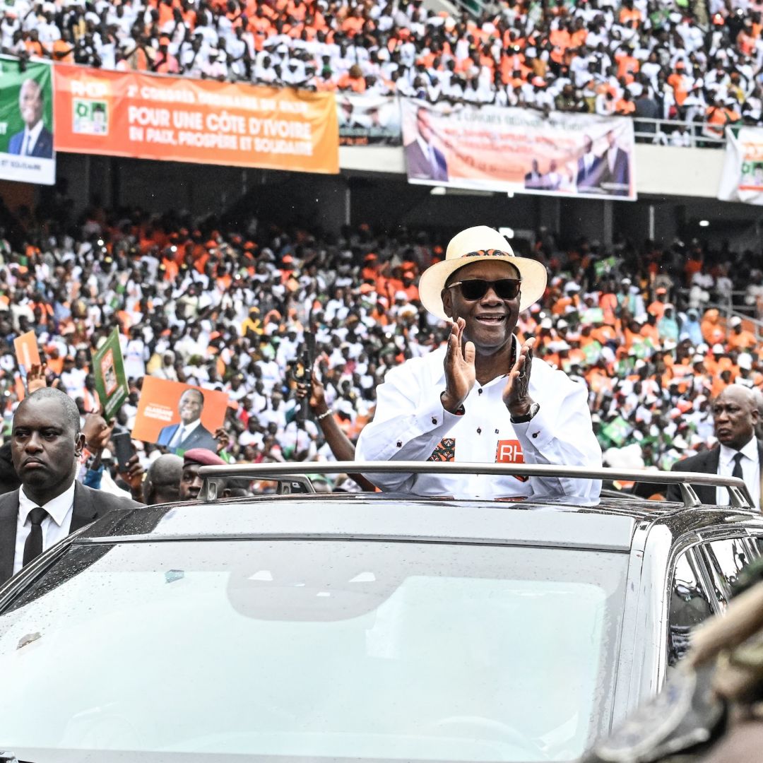 Ivory Coast President Alassane Ouattara arrives at the Ebimpe Olympic Stadium on June 22, 2025, in Abidjan. 