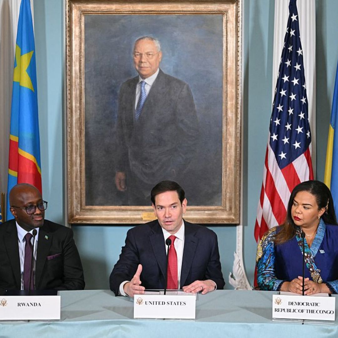 U.S. Secretary of State Marco Rubio (C) speaks during a peace agreement signing ceremony between Congolese Foreign Minister Therese Kayikwamba Wagner (R) and Rwandan Foreign Minister Olivier Nduhungirehe in the Treaty Room of the State Department in Washington, D.C., on June 27, 2025. 