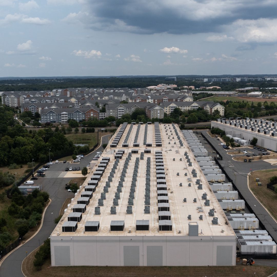 An aerial view of the IAD71 Amazon Web Services data center is seen on July 17, 2024, in Ashburn, Virginia.