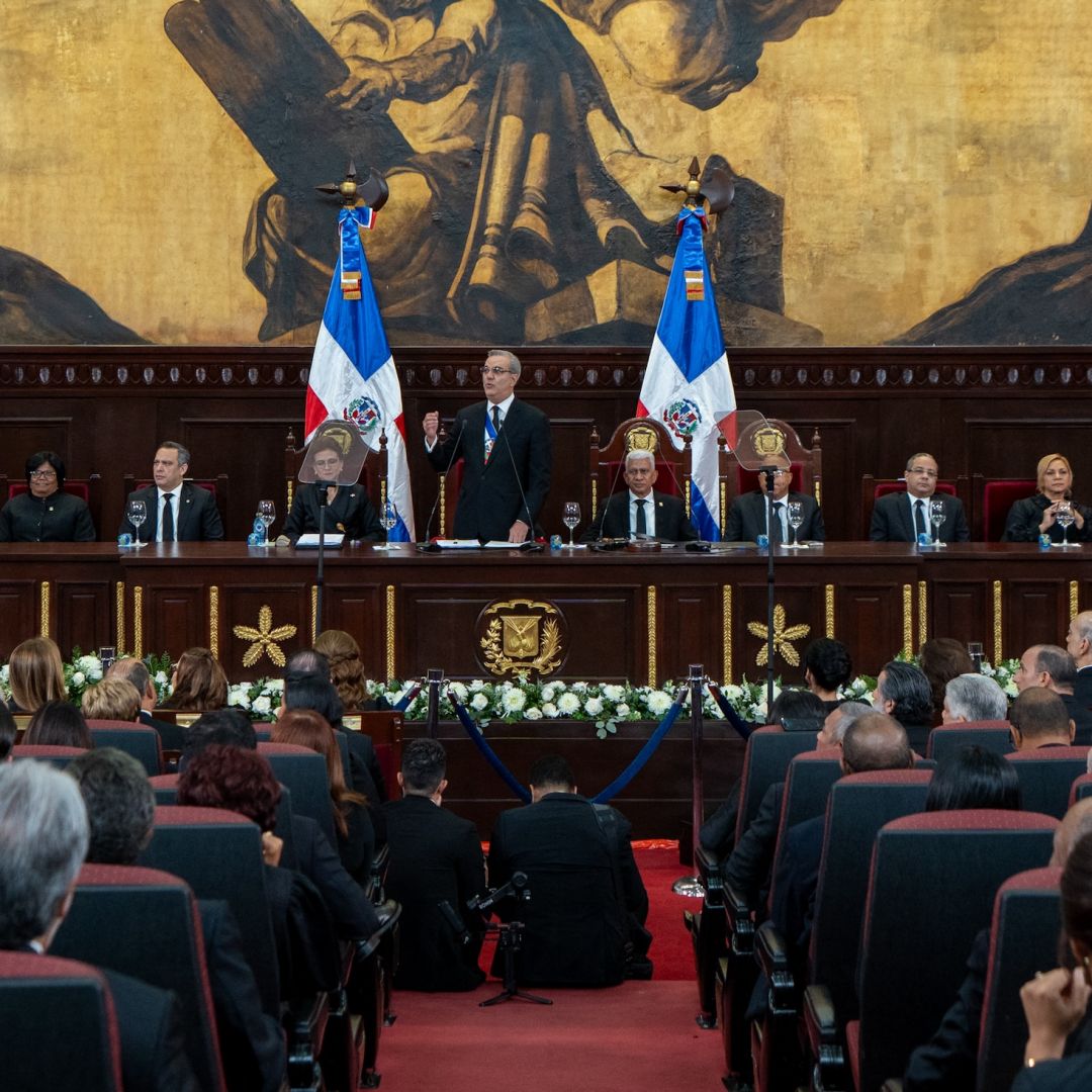 Dominican Republic President Luis Abinader delivers a speech to lawmakers in the National Assembly in Santo Domingo on February 27, 2024.