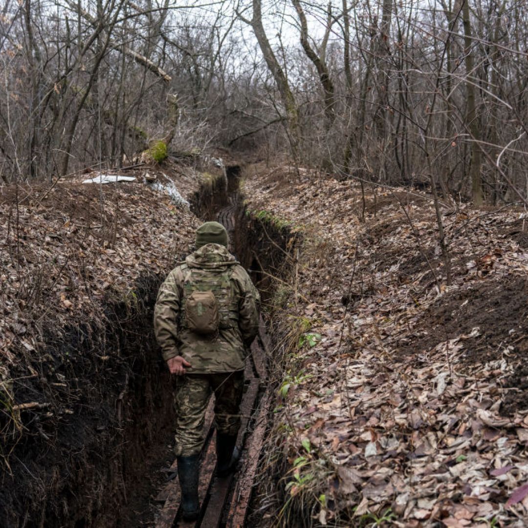 A Ukrainian soldier on the front line of the Donbas conflict on Dec. 12, 2021, in Zolote, Ukraine.