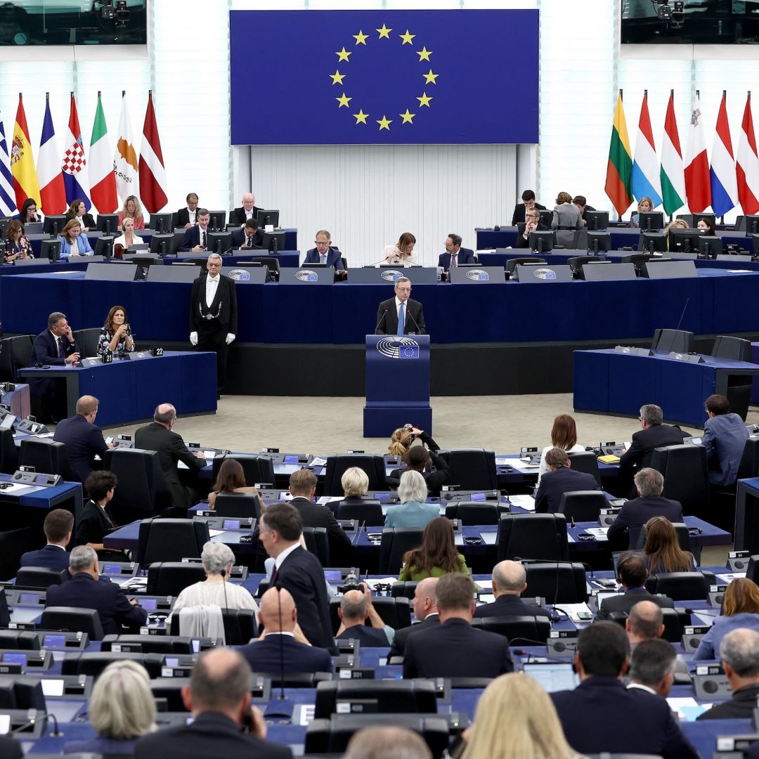 Former Italian Prime Minister and economist Mario Draghi discusses his plan to strengthen Europe's competitiveness during a plenary session of the European Parliament in Strasbourg, eastern France, on Sept. 17, 2024. 