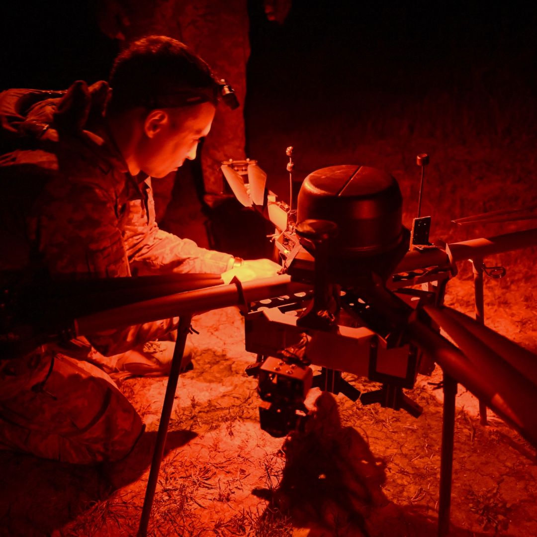 A Ukrainian serviceman from the 24th mechanized brigade prepares a Magura night drone to flight toward the front line in the area of Chasiv Yar, Donetsk region late on April 29, 2025.