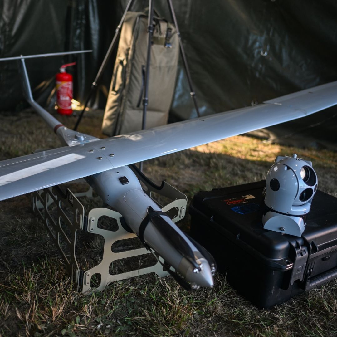 A Polish-made FlyEye V3.0 drone is displayed during the Iron Defender-25 media day on Sept. 18, 2025, in Nowa Deba, Poland. 