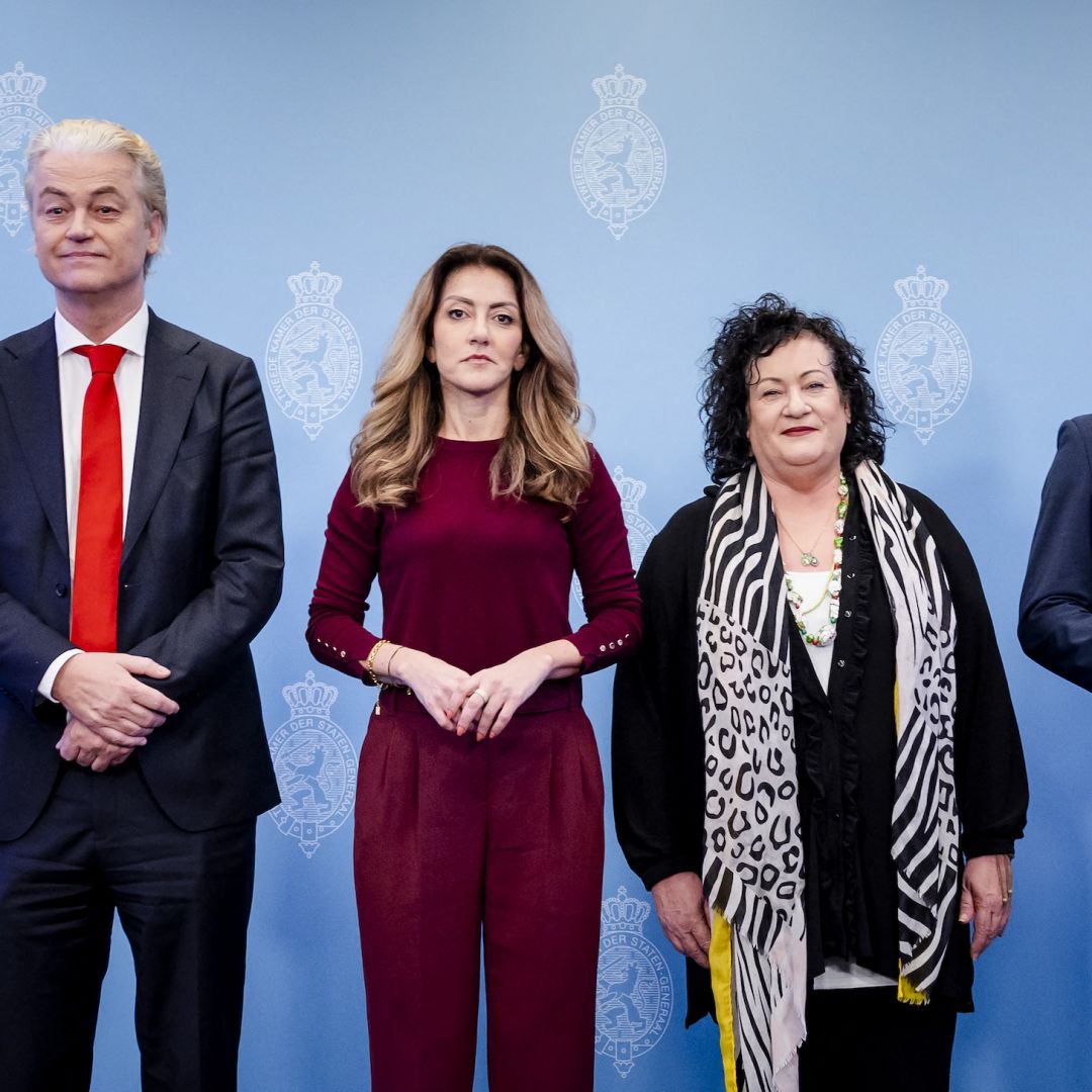 The four leaders of the parties that form the new Dutch government,  Geert Wilders, Dilan Yesilgoz, Caroline van der Plas and Pieter Omtzigt, (L-R) on May 16 in The Hague.