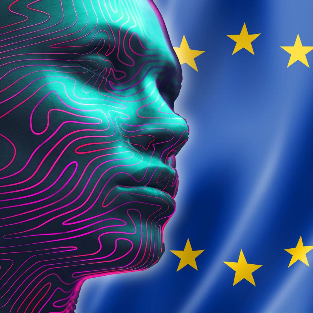 A digital illustration shows a digital human head overlaying the EU flag. A digital illustration shows a digital human head overlaying the EU flag.