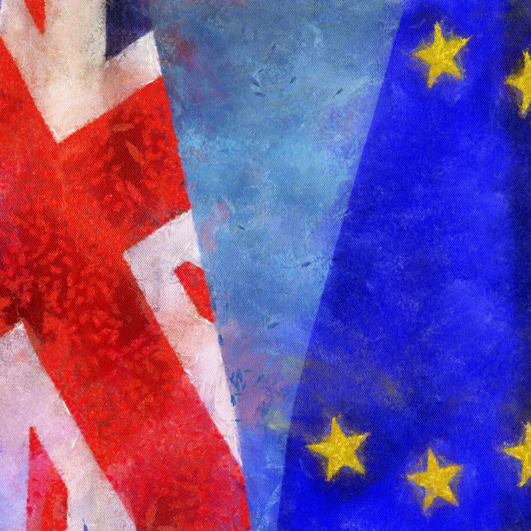 A digital illustration of the U.K. and EU flags. A digital illustration of the U.K. and EU flags.