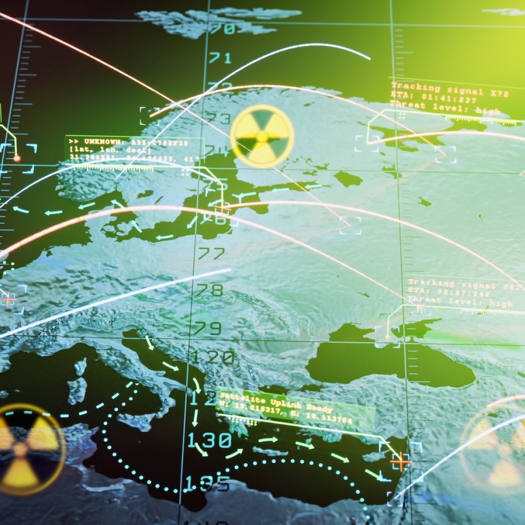 A digital illustration shows a nuclear launch map of Europe. 