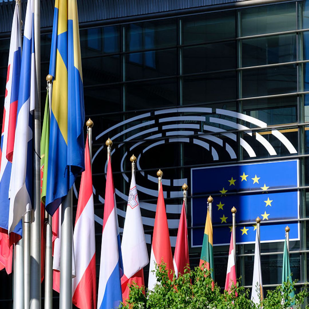 Flags of EU countries are seen outside the European Parliament building in Brussels, Belgium, on April 5, 2025. Flags of EU countries are seen outside the European Parliament building in Brussels, Belgium, on April 5, 2025.