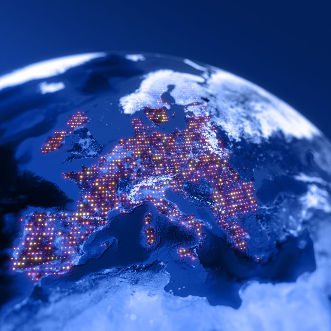 A digital satellite illustration shows Europe at night.