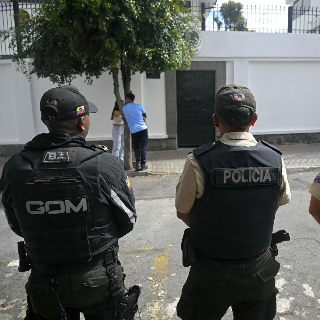 Police guard stand outside the Mexican embassy in Quito, Ecuador, on April 8, 2024. 