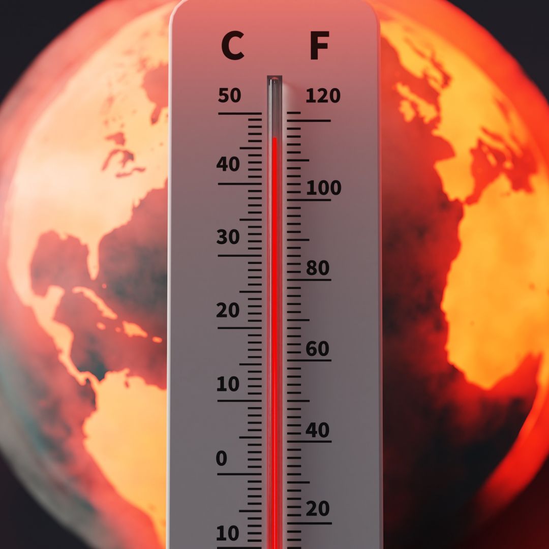 A thermometer reading a high temperature is shown over an image of Earth. A thermometer reading a high temperature is shown over an image of Earth.