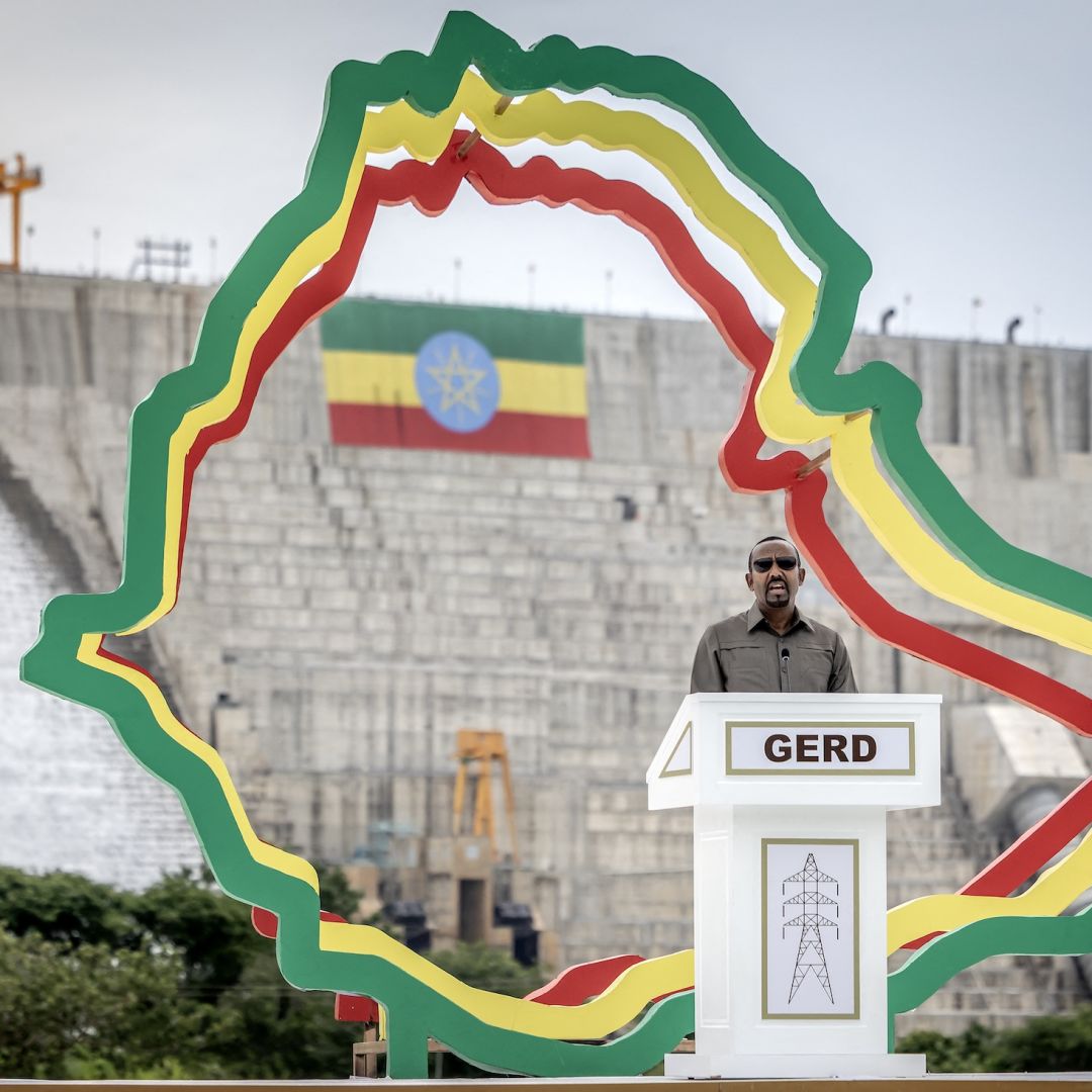 Ethiopian Prime Minister Abiy Ahmed delivers remarks during the official inauguration ceremony of the Grand Ethiopian Renaissance Dam in Guba on Sept. 9, 2025.