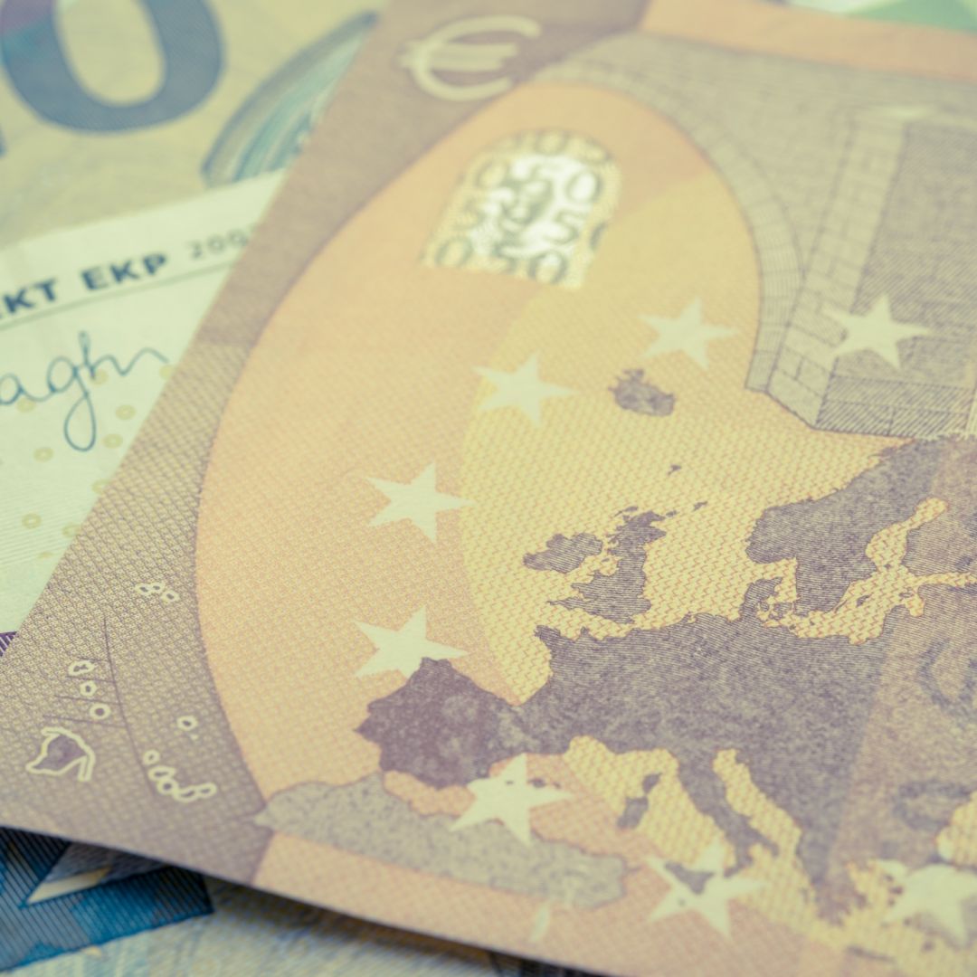 A stock photo shows euro banknotes.