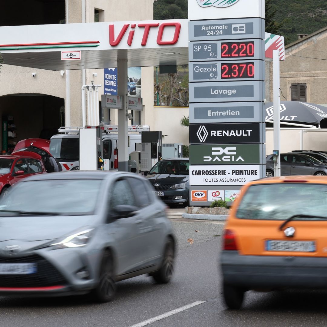 Cars drive past a gas station in Ponte Leccia on the French Mediterranean island of Corsica on March 26, 2026. Cars drive past a gas station in Ponte Leccia on the French Mediterranean island of Corsica on March 26, 2026.